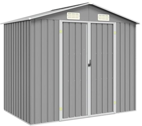 Roanoer Cobertizo de jardín gris 205 x 129 x 183 cm de acero galvanizado con puertas dobles y persianas de ventilación, diseño robusto y moderno para jardín, balcón y patio