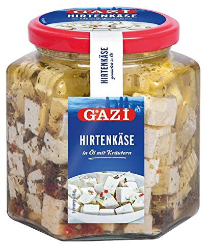 Gazi Hirtenkäse in Öl mit Kräutern - 1x 300g Glas - Kuhkäse Käse Cow Cheese Käse in Rapsöl Kräuter 45% Fett i. Tr. aus 100% Kuhmilch mild mikrobielles Lab vegetarisch glutenfrei Halal