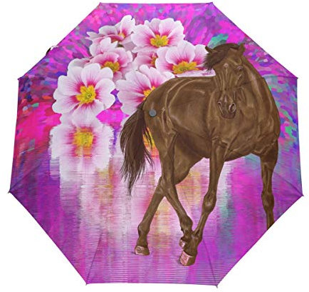 Aquarell Pferd Blumenmosaik Regenschirm Taschenschirm Automatische Reise Winddichte Sonnenschutz Trekkingschirm Wanderregenschirm für Frauen Männer