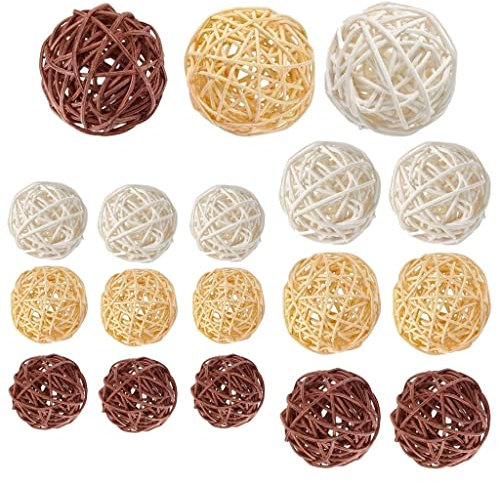 LATRAT 18 Stück Deko Kugeln Rattankugeln Dekokugeln Wicker Rattan Ball, Kugeln Hochzeit Tischdeko Party Hängedeko Aromatherapie Duft Kaninchen Vogel Papagei Kauspielzeug, Hölzern+weiß+Curry