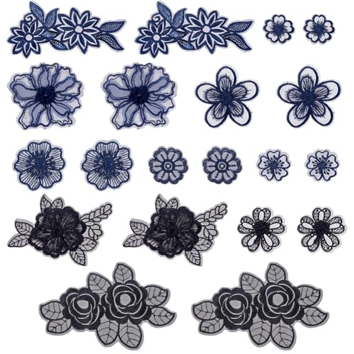 AHANDMAKER 20 Stück 3D-Blumen-Spitze-Stickapplikationen, Blumen-Aufnäher, Dunkelblauer Blumenkranz, Spitzenstoff Für Kleidung, Reparatur, Hochzeit, Braut, Party, Kleid, Kostümzubehör, DIY-Handwerk