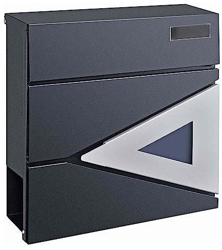 Briefkasten mit Zeitungsrolle aus Metall in anthrazit mit Namensschild Sichtfenster Design Wandbriefkästen (Angle)