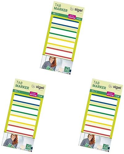 SIGEL HN202 Tab Marker, extra starke Haftmarker, 50 x 38 mm, 20 Streifen (Packung mit 3)