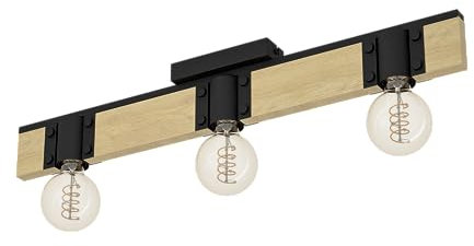 Eglo Bailrigg FSC100HB - Lampada da soffitto a 3 luci, plafoniera rettangolare, faretto spot da soffitto con attacco E27, in legno naturale e metallo nero