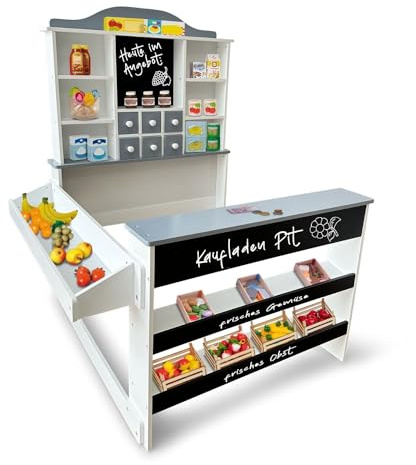 Coemo Pit de magasin en bois avec étiquettes de prix, au choix avec caisse de jeu Linus, accessoires de magasin : sans accessoires de caisse, couleur : gris