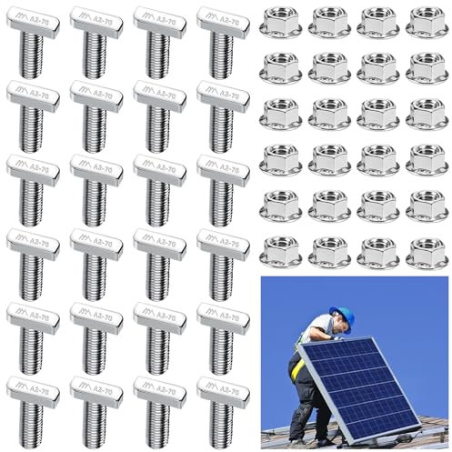 XSHAO® 24 Pezzi Viti Testa a Martello M8x20, Bullone a T in Acciaio Inossidabile A2-70 con 24 Dadi Flangiati M8 per Moduli Fotovoltaici Profilo in Alluminio Solare Fotovoltaico Serra