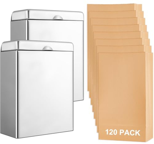 Tioncy 2 Pcs Sanitary Napkin Receptacle with 100 Feminine Hygiene Liner Bag Wall Mounted Tampon Holder for Bathroom Sanitary Napkin Disposal Bags Tampon Disposal Bin for Home Public Restrooms