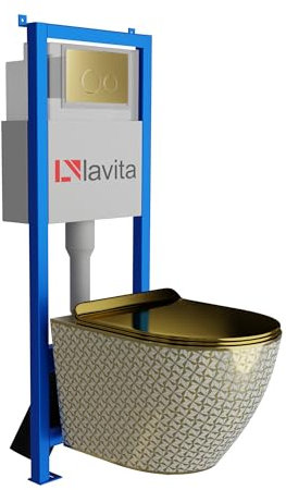 Lavita LAV 101 Élément mural pour WC 40 cm + évier mural suspendu profond Sofi Slim Gold Never Die sans bord + panneau de commande LAV 200.4.5 Gold | Kit complet | Réservoir de chasse encastré | WC
