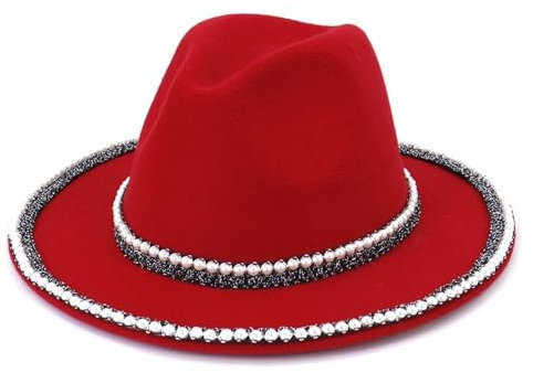 Fengyan Mützen, französischer Stil, Wolle, Fedora-Hut, handgefertigte Dekoration, elegante Damenhut, Hochzeit, Winter, breite Krempe, warmer Jazzhut, rot, 6 7/8-7 1/8
