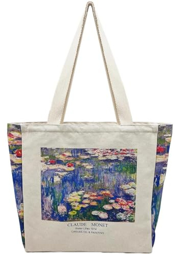 BROADREAM Canvas-Tragetasche, ästhetische Schultertasche mit Reißverschlüssen und Innentasche, Monet Seerosen