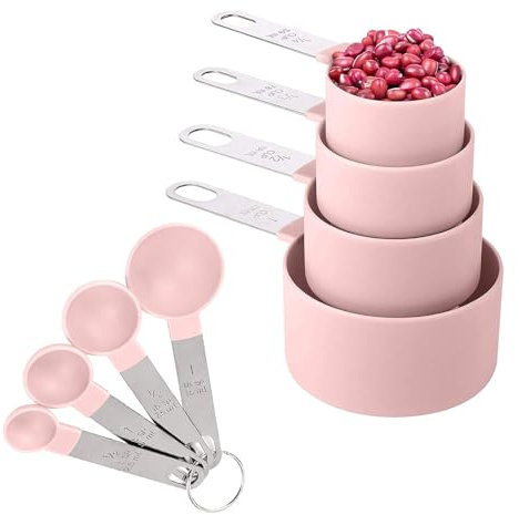 8 Stück Messlöffel und Kunststoff Messbecher Set, Edelstahlgriff Dosierlöffel, Küche Umrechnungstabelle, Cup Messbecher für Küche Kochen Backen Trockene und Flüssige Zutaten Messwerkzeug