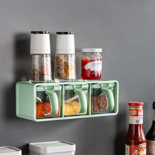 Meterga 3-Grids Seasoning Box with Tray, Salt Container, Hanging Wall Spice Rack, Kitchen Spice Pot with Spoon, Salt Pepper Sugar Storage Container Jar Cruet for Counter, Green