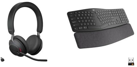 Jabra Evolve2 65 Wireless PC Headset – Noise Cancelling UC Certified Stereo Headphones & Logitech ERGO K860 Wireless Ergonomic Keyboard - Split Keyboard Layout, Wrist Rest, Natural Typing