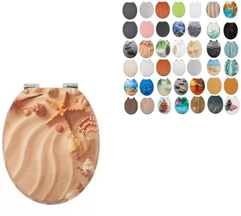 MDF-Toilettensitz, 45,7 cm, universal, verstellbar, passend für die meisten Toiletten, ovaler Sitz, Badezimmer-Standard-WC-Sitz aus Holz, MDF, WC-Sitz + Beschläge (Seestern und Muschel am Strand)