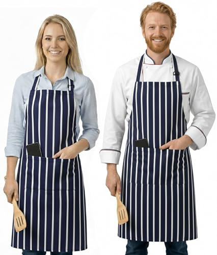 LivinEase Unisex Baumwollmischgewebe Schürze mit 2 Fronttaschen | verstellbarer Nackenriemen & lange Bindebänder | Küchenschürze, Grill- & Gastronomie-Schürze (2er-Pack)