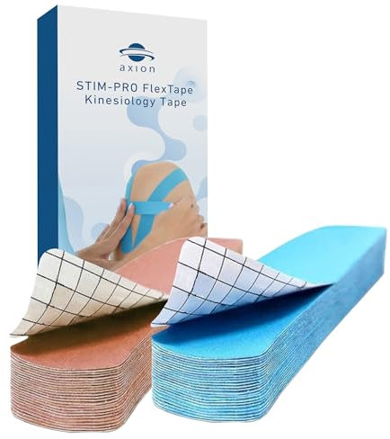 Set de 50 cintas kinesiológicas precortadas adhesivas y elásticas axion | Vendas kinesiotapes de 5x25 cm de color beige y azul | Vendaje deportivo, soporte neuromuscular y fisioterapia