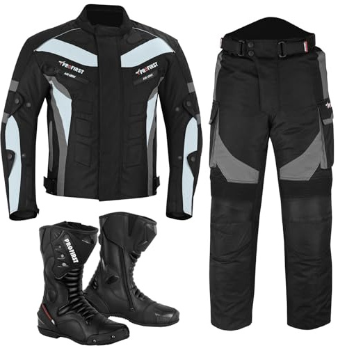Motorcycle Suit Waterproof Motorbike Jacket for Men Boy CE-Armoured 2-Piece Motorbike Suits Cordura Rider Jacket with Motorcycle Trouser & Boots (UK, Alpha, XS, Regular, Regular, Grey)