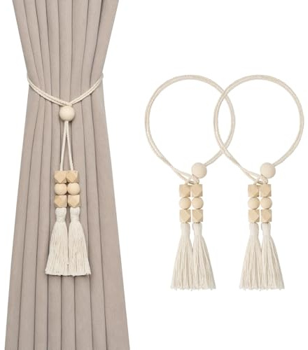Pretty Jolly 2 Pack Natural Cotton Rope Tassel Curtain Tiebacks Boho Style Decorative Drape Tie Backs Elegant Wooden Beads Curtain Holdbacks for Home & Office Window Drapery (Wooden bead-C)