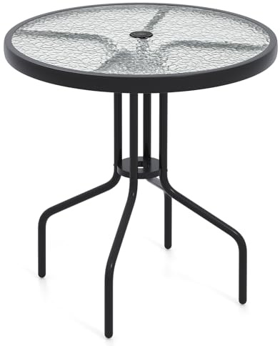 COSTWAY Garden Dining Table, Round Outdoor Coffee Tables with Tempered Glass Top & Parasol Hole, Metal Frame Patio Bistro Side Table for Backyard Poolside Porch