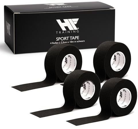 HF Training® - 4 x Profi Sporttape 2,5 x 10 m Schwarz für Fußball, Handball & Fitness (EXTRA STARK) - Sport & Fußball Tape für Stutzen, Knie & Handgelenk (wasserfest) - Physiotape (selbstklebend)