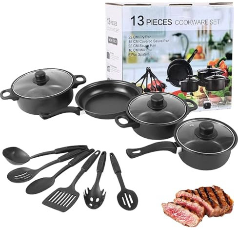 Induction Hob Pot Set 13pcs, Nonstick Pots and Spatulas Kitchen Cookware Set, Frying Pan Soup Pot with Anti Scald Handle Stackable Cookware Camping Set for All Stoves