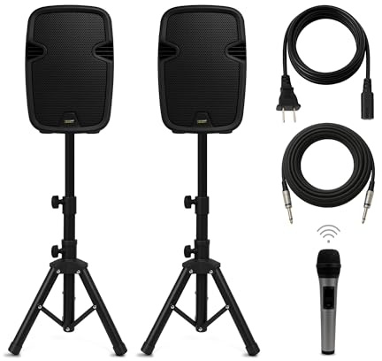 Bowens 8-Inch Bluetooth PA Speaker Set – Portable Speakers Bluetooth Wireless Microphone with Stands and Cable – Party Speaker & DJ Speakers Outdoor Sound System, PA System Set for Events, Karaoke