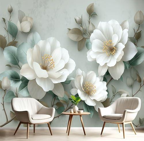DLERFLOVR Papel Pintado Pared Camelia 300x210cm Fondo de Pantalla Panorámico Flores 3D Papel Tapiz Decoración de Pared para Sala de Estar Dormitorio Oficina, Gris Verde