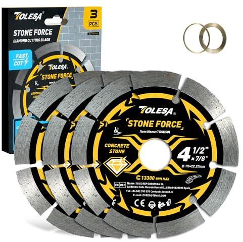TOLESA Diamant Trennscheibe 115mm segmentiert, für Beton, Ziegel, 3tlg | Segmentierter Rand, Kern aus 65Mn Stahl, doppelte Lebensdauer, 22,23 mm Bohrung, Buchsen 20 und 16 mm, 13300 U/min
