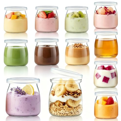 Siocok 12Pcs 200ml Pudding Glass Bottle,Yogurt Glass Jars with Plastic Lids | Reusable Small Glass Bottles, for Yogurt Making, Milk, Jams, Jelly, Pudding, Mousse