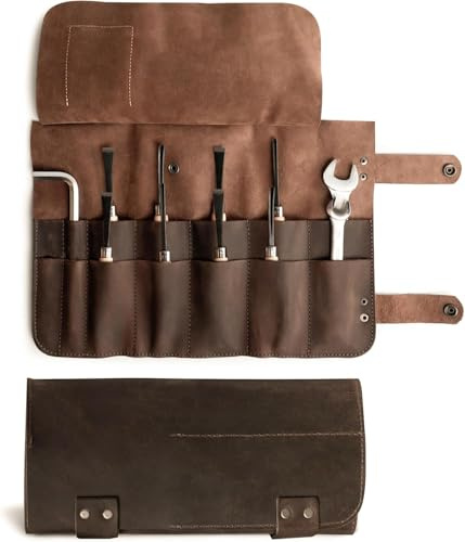 Leather Tool Roll Up Pouch (10 Slots) - Leather Tool Wrench Roll/Chisel Bag Portable Carry-On Pouch, Workshop Storage, Woodworking Tools Organizer (Mustard Brown)