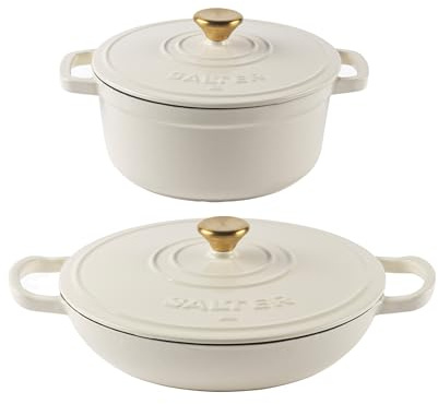 Salter Chester Cast Iron Casserole Set – 24cm & 30cm Dutch Oven/Stock Pots, Self-Basting Lids, Enamel Coated Cast Iron, Hob to Table Cooking, Oven Safe to 240°C, Induction Compatible, PFAS-Free, Cream