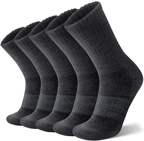 ANTSANG Merino Wool Hiking Socks for Men & Women Thermal Warm Winter Thick Cozy Crew Work Boot Gift Socks Stocking Stuffers 5 Pairs(Black, L)