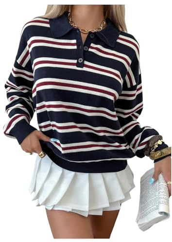 Milumia Women's Y2k Striped Knit Sweater Tops Collared Long Sleeve Rugby Shirt Streetwear Deep Blue Medium