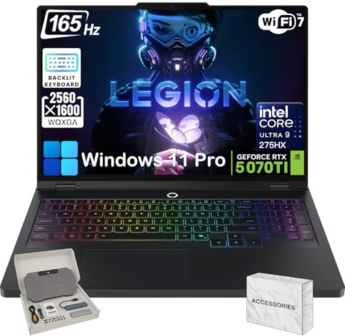 Lenovo Legion Pro 5i Gen 10 Gaming Laptop - Intel 24 Core Ultra 9 275HX, GeForce RTX 5070 Ti, 32GB RAM, 2TB SSD, 16.0 WQXGA OLED 165Hz Display, Wi-Fi 7, 24zone RGB Backlit, Win 11 Pro, Accessories