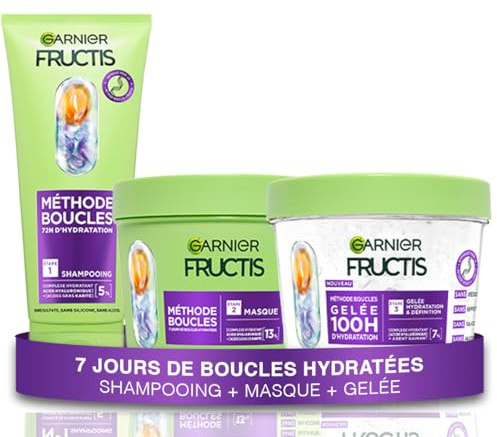 Garnier Fructis Méthode Boucles - Routine 3 Produits pour Cheveux Bouclés : Shampooing, Masque & Gelée Capillaire Hydratante - Acide Hyaluronique - Hydratation & Définition - Tous Types de Boucles