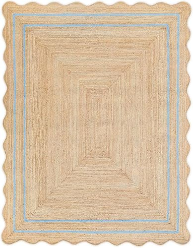 Tappeto quadrato in iuta smerlato con bordo blu cielo, 91 cm, tappeto intrecciato a mano, ecologico e durevole, decorazione bohémien per soggiorno, camera da letto o ingresso