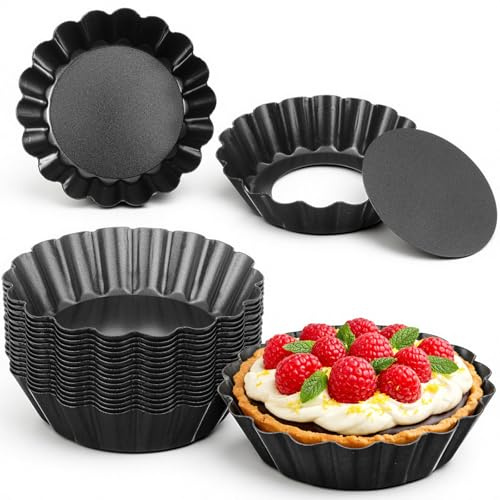 Xosjska 24 Pcs Mini Tart Pans with Removable Bottom, 3 Inch Round Nonstick Quiche Pan, Sturdy Carbon Steel Tart Molds for Baking Bakeware Mold Fluted Side for Tartlets Shells Desert Making