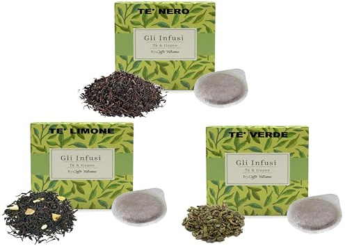 Caffè Vulcanus Gli Infusi, Mélange de dosettes de thé, Thé noir, Thé vert, Thé noir citronné, 60 dosettes ESE 44, Lot de 6 sachets scellés