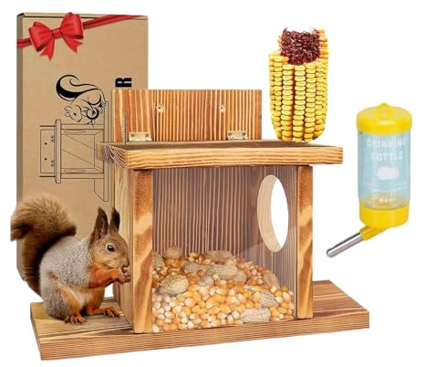 Mangiatoia per scoiattoli, in legno resistente alle intemperie resistente, casa con dispenser di mais per esterni, per taamias, fauna, noci, mais, nidificazione, esterno, giardino, cortile, albero