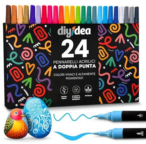 DIYIDEA Acrylstifte 24 Farben Doppelspitze (Pinsel & 1 mm Feine Spitze) – Wasserbasiert, Schnelltrocknend, Ungiftig – Für Steine, Holz, Glas, Keramik, Leinwand & DIY
