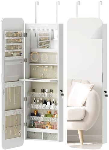 HOMCOM Espejo Joyero con Luz LED, Armario Joyero Montado en la Pared o en la Puerta, Armario para Joyas con Cerradura, Espejo Entero sin Marco, 2 Cajones, para Regalo, 37x10x120 cm, Blanco