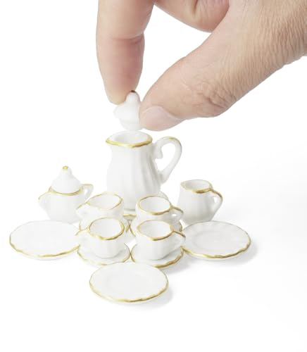 Odoria Miniature Service à Thé Porcelaine: Échelle 1/12 Maison de Poupée Tasse à Thé Soucoupe pour Cuisine Salon Vintage Victorien - Mini Théière Assiette Blanc Doré Garniture