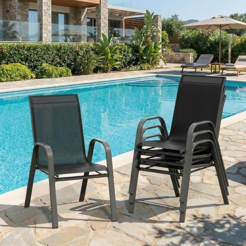 RBFGYIOP Gartenstühle 4er Set Stapelbar Hochlehner, Outdoor Stapelstühle mit Textilene & Metallgestell, Wetterfeste Terrassenstühle für Garten Balkon Terrasse Camping, Schwarz