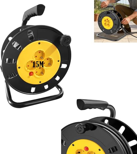 Outdoor Extension Lead,4 Socket Cable Reel 15M,Heavy Duty Extension Cable,for Garden Lawn Mower Office, with Stand and Handle
