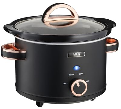 Cooks Professional Slow Cooker 2.5 Litre with Glass Lid, Cool Touch Handles, Dishwasher Safe Bowl, 2 Heat Settings & Keep Warm Function | Small Mini One Pot Cooking Machine | Black & Rose Gold