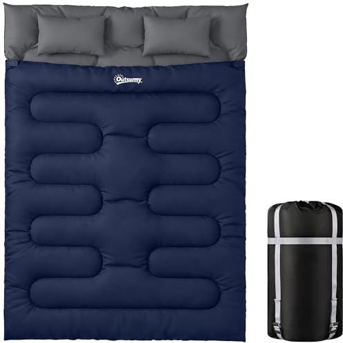 Outsunny Saco de Dormir Doble Adulto, Ligero, Tamaño Queen para 2 Personas 3 Estaciones, Saco de Dormir Rectangular con 2 Almohadas y Bolsa Transporte, para Días Fríos, Acampar, Senderismo Azul Oscuro