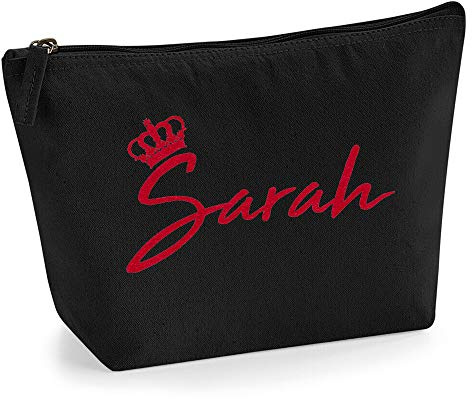 Personalisiert Name Initialen & Königin Krone Kosmetiktasche Damen Schminktasche für Handtasche Makeup Tasche mit Texturdruck - Rote Flocke - S - Schwarz