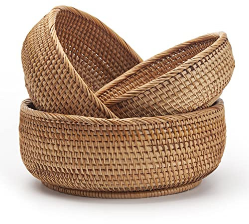 Cestini Portaoggetti Rotondi in Rattan Cesto Frutta Tessuta Impilabile per Armadi da Cucina Scaffale Naturale Set di 3
