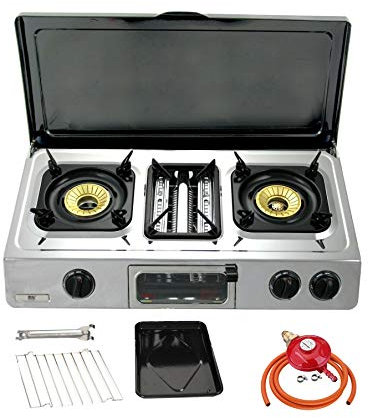 NJ G-87C Portable Camping Gas Stove 2 Burner Grill & Oven Stainless Steel Outdoor BBQ Cover (Propane 37mbar Screw-on)
