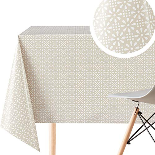 Beige Retro Wachstuchtischdecke mit Weiß Blumendruck, Abwischbare PVC Wachstuch - Rechteckige 300 x 140 cm - 10 Sitzplätze, Blumen Wachstischdecke Pflegeleicht Creme Vinyl Tischdecke Wasserdichtes